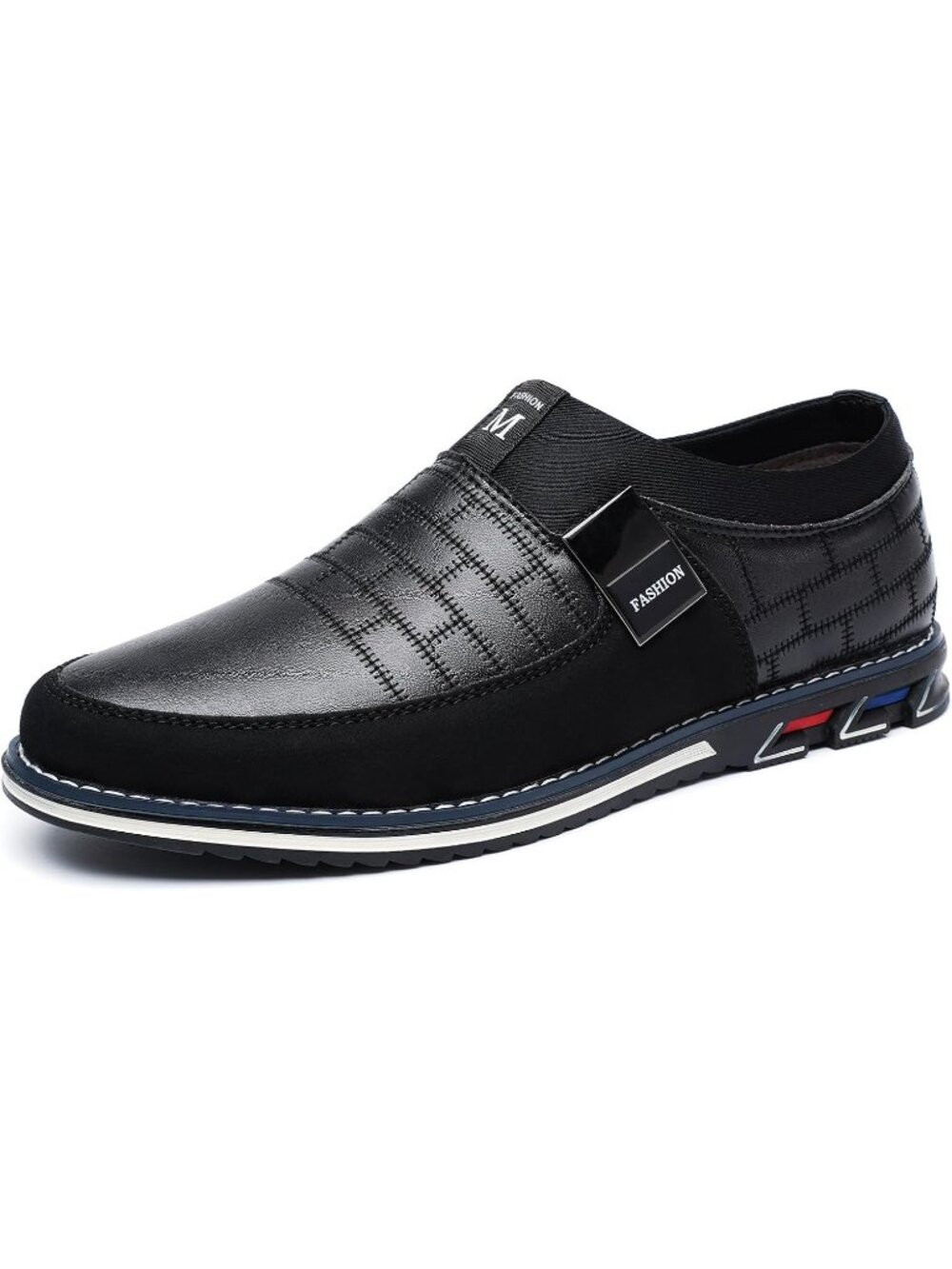Men's Black Grid Embossed Leather Comfort Two-Tone Casual Slip On Dress Loafers